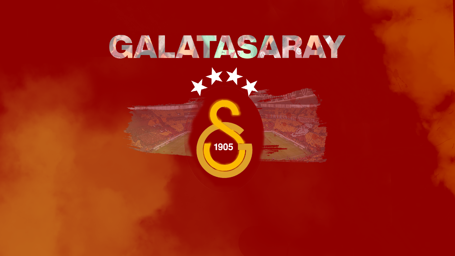 Galatasaray S.K. crest with bold GALATASARAY text on a red-orange smoky background, four stars above the badge and 1905 displayed in the emblem.