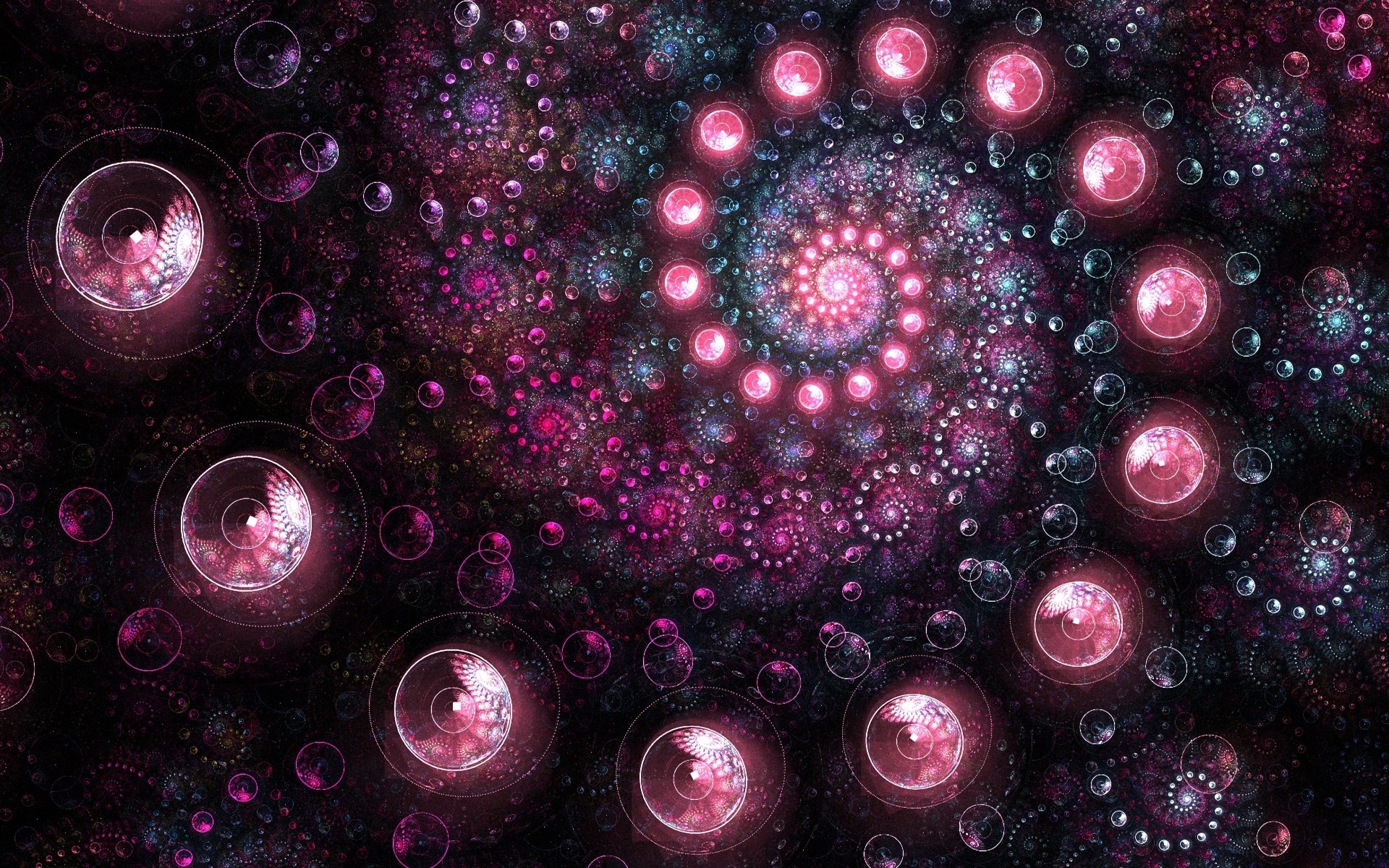 An abstract swirl pattern of glowing pink and purple bubbles forming a spiral, dotted with smaller shimmering orbs and fractal-like details.