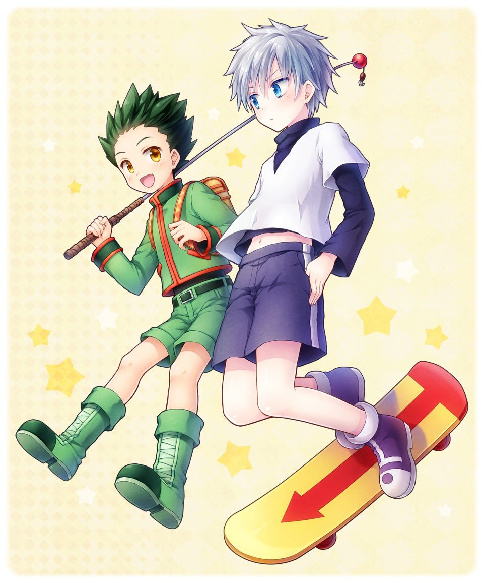 Anime-style illustration of Killua Zoldyck with white hair and blue eyes, and Gon Freecss with green hair, from Hunter x Hunter, both in dynamic mid-air poses.