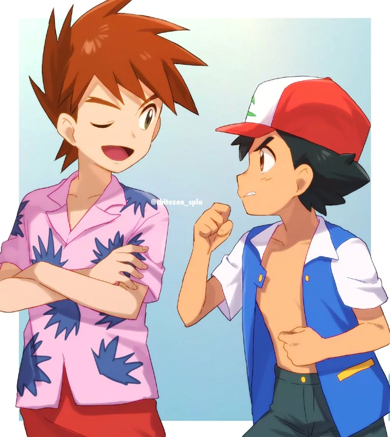 cap wink black hair brown hair Ash Ketchum Gary Oak (Pokémon) Anime Pokemon Image