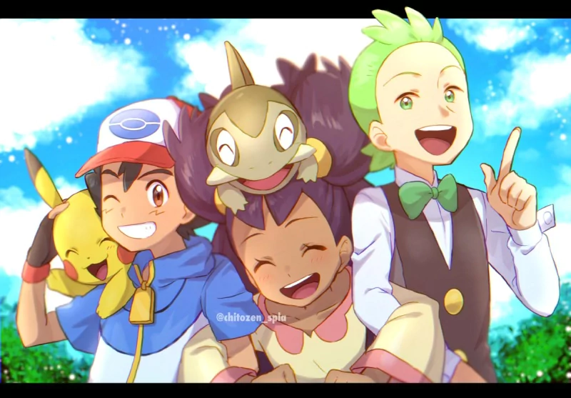 Pikachu brown eyes smile purple hair black hair green eyes Cilan (Pokémon) Iris (Pokémon) Ash Ketchum Axew (Pokémon) Anime Pokemon Image