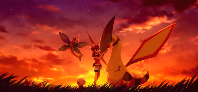 sky Pokemon sunset Trapinch (Pokémon) Vibrava (Pokémon) Flygon (Pokémon) May (Pokémon) video game Pokémon: Omega Ruby and Alpha Sapphire Image