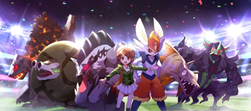 Grimmsnarl (Pokémon) Obstagoon (Pokémon) Sandaconda (Pokémon) Coalossal (Pokémon) Pokemon Cinderace (Pokémon) Gloria (Pokémon) Barraskewda (Pokémon) video game Pokémon: Sword and Shield Image