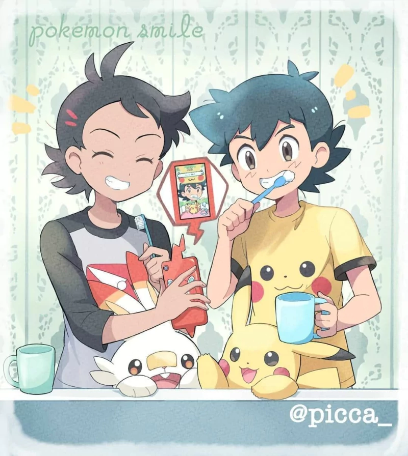 two-toned hair smile toothbrush black hair Scorbunny (Pokémon) Pikachu pajamas Goh (Pokémon) Ash Ketchum Anime Pokemon Image