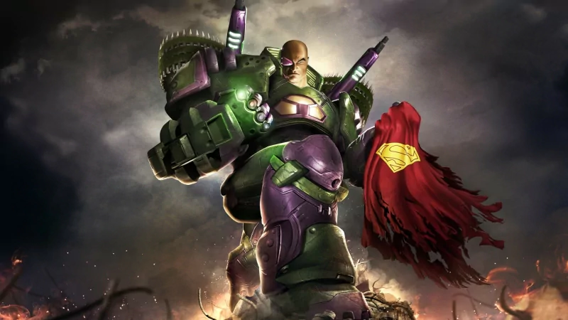 A powerful character from DC Universe Online holds a torn Superman cape amid a dark, fiery battlefield, showcasing intense video game action.