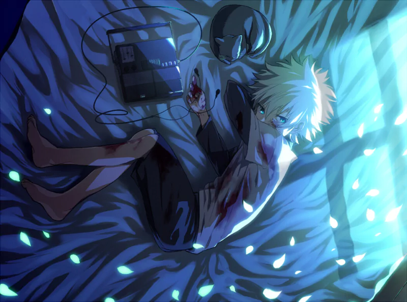 blue eyes earbuds white hair cat feet Killua Zoldyck Anime Hunter x Hunter anime cat Image