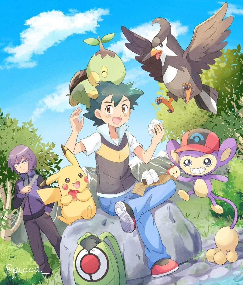 black hair purple hair Turtwig (Pokémon) backpack Pikachu Paul (Pokémon) Ash Ketchum Anime Pokemon Image