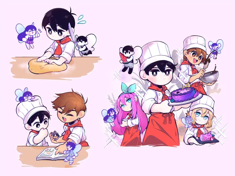 Chibi OMORI fan art: Omori, Sunny, Kel, Hero, Basil and Mari with tiny fairies, cooking, reading and playing in pastel scenes from the video game OMORI.
