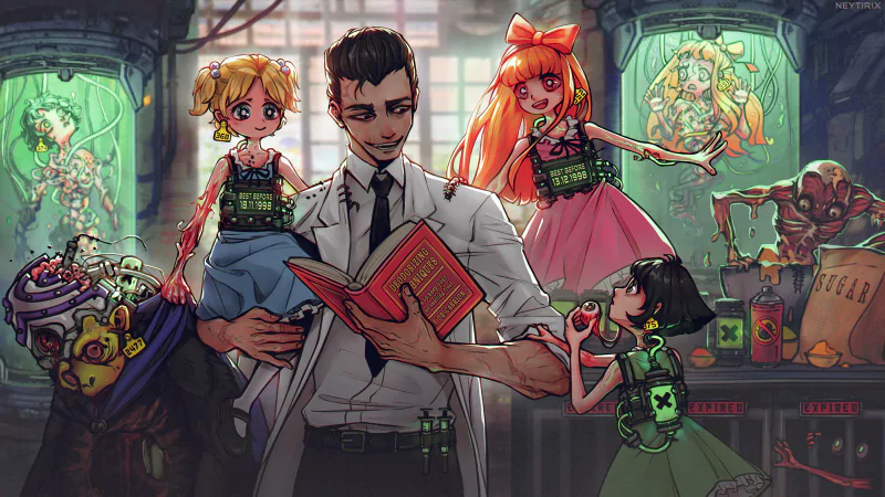 Mojo Jojo Buttercup (Powerpuff Girls) Bubbles (Powerpuff Girls) Blossom (Powerpuff Girls) Professor Utonium TV Show The Powerpuff Girls (1998) Image