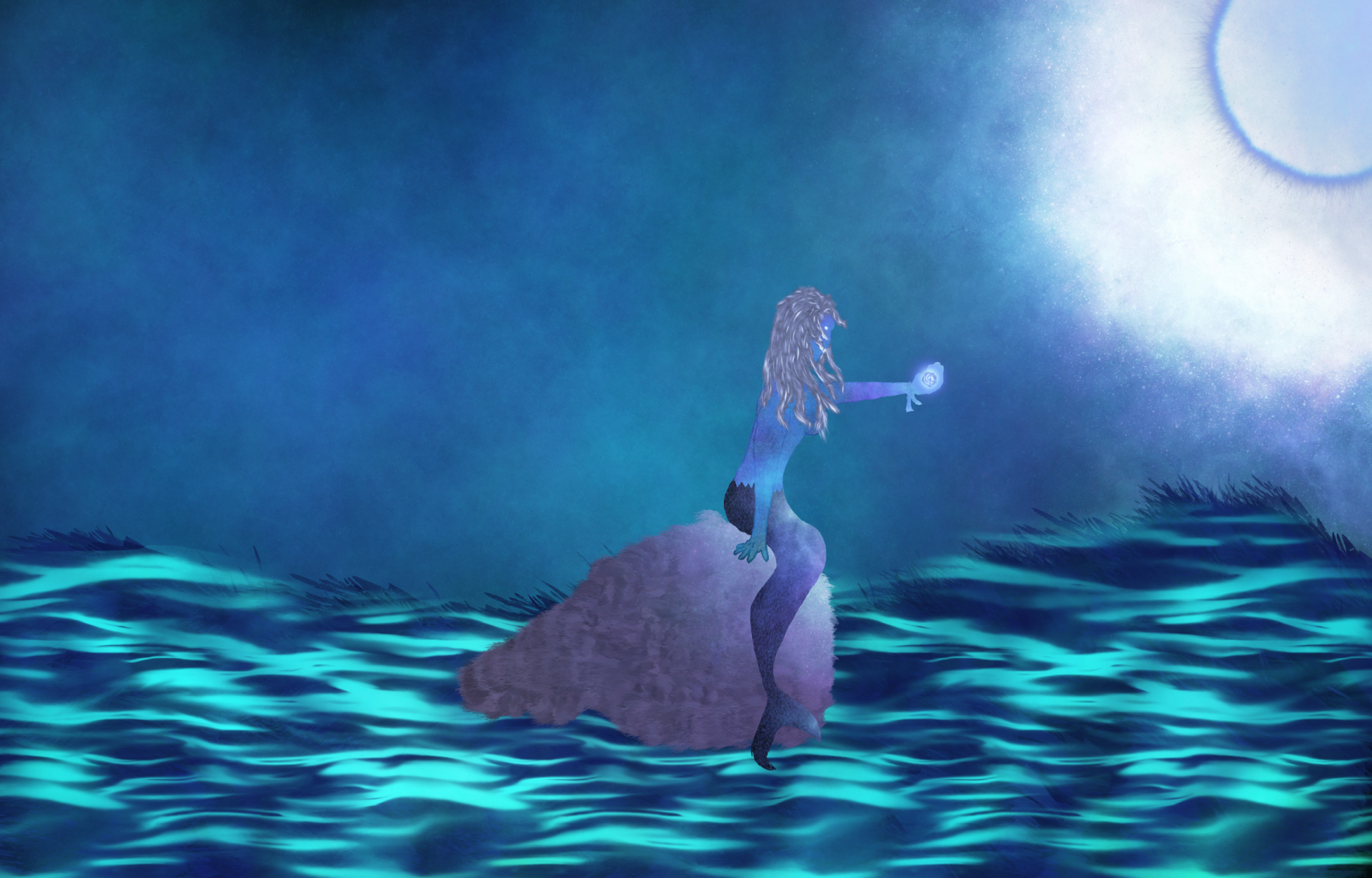 Fantasy scene of a mermaid perched on a rock at night, holding a glowing orb beneath a luminous moon over turquoise, rippling sea.