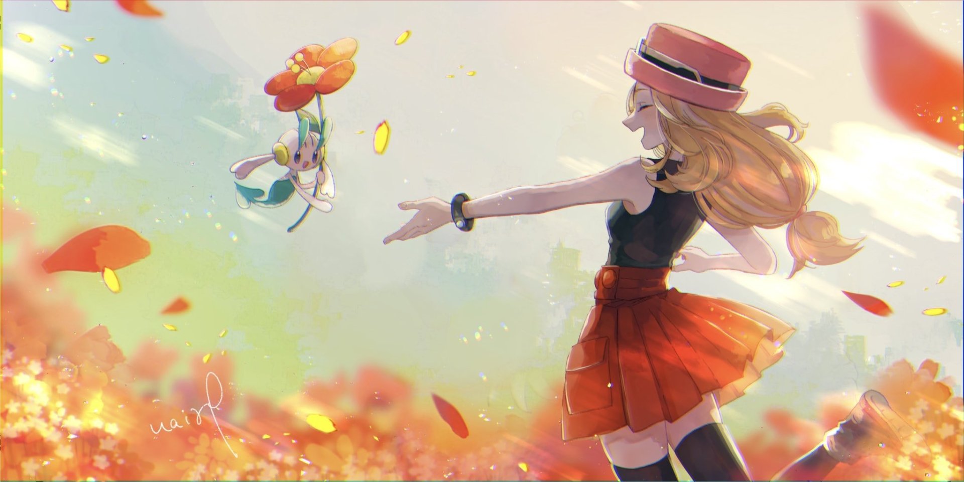 Serena from Pokémon reaches out toward a floating Pokémon, surrounded by a vibrant, sunlit field scattered with flower petals in this video game artwork.