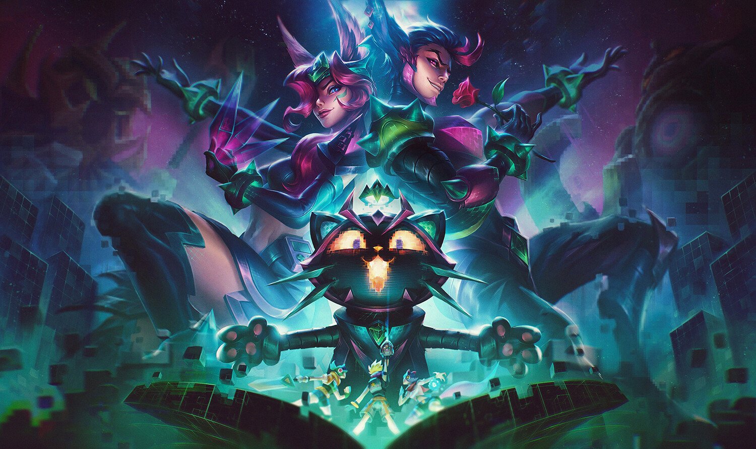 Rakan and Xayah stand back-to-back amid swirling magic while Yuumi floats on her book in vivid League of Legends splash art.