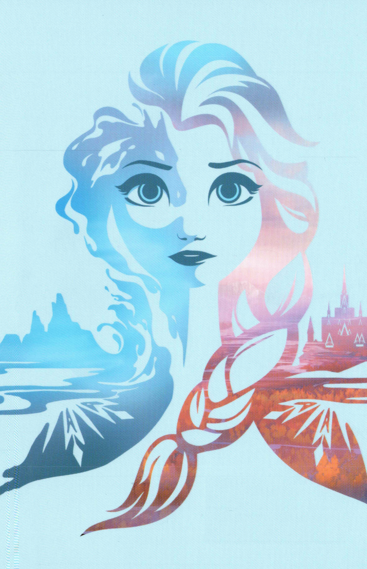 Stylized split-color portrait of Elsa (Frozen) from the movie Frozen 2: icy blue left with mountains and water, warm pink right with a castle and autumn landscape, braided hair framing her face.