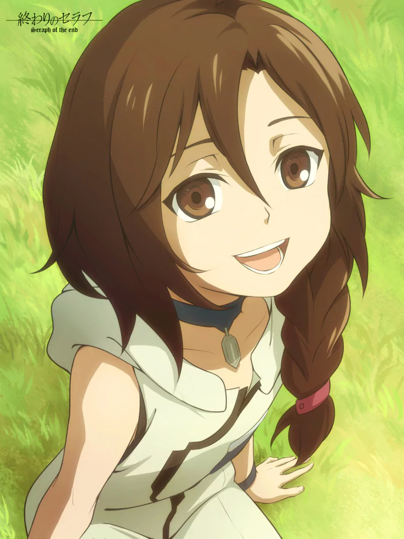 Akane Hyakuya from Seraph of the End: smiling anime girl with brown hair in a braid, brown eyes, sitting on grass.