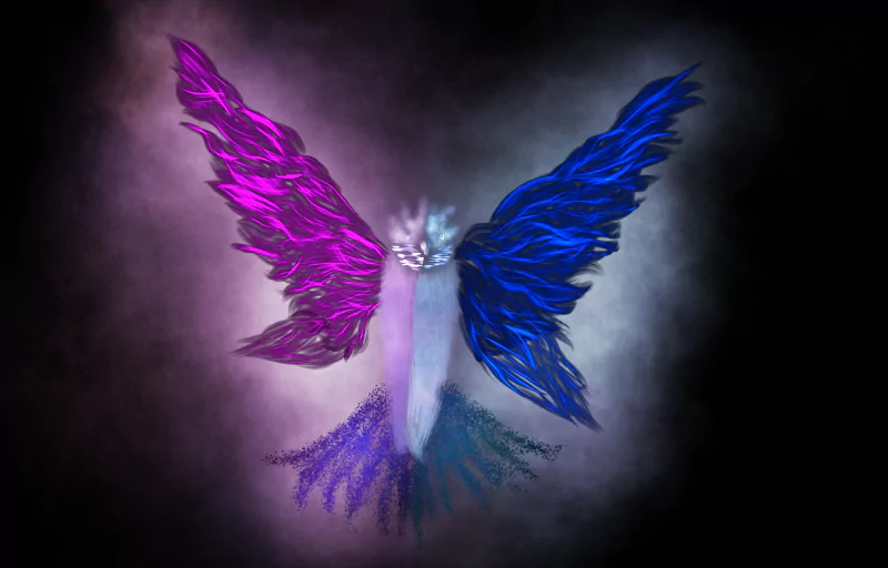 Ethereal fantasy bird with luminous magenta left wing and electric blue right wing, iridescent tail feathers and a glowing aura rising from smoky darkness.