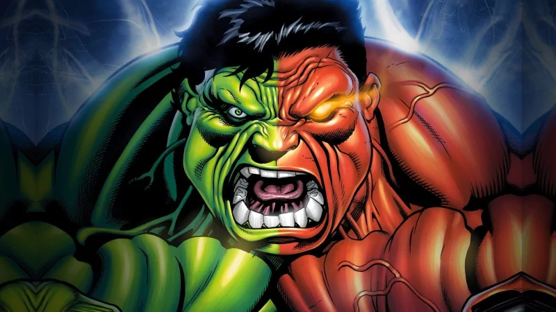 A dynamic comic illustration featuring the Red Hulk, showcasing a fierce confrontation between the classic green and powerful red versions of the Hulk, emphasizing their intense expressions.