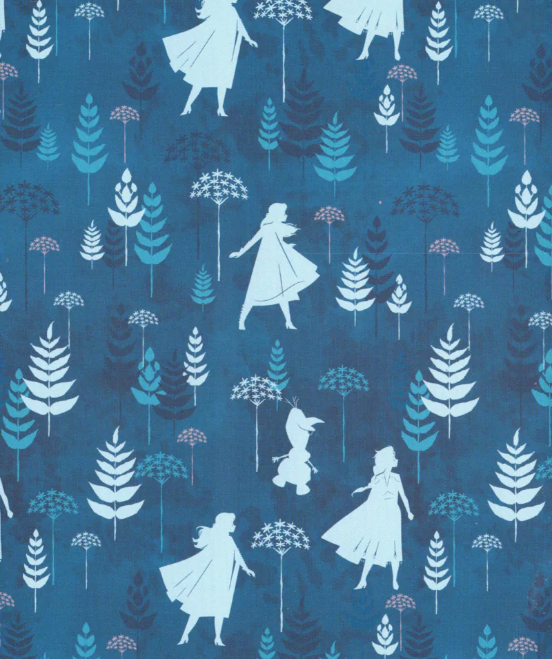 Blue patterned background with white silhouettes of Elsa, Anna, and Olaf from the movie Frozen 2 amid stylized teal and white floral and leaf motifs.