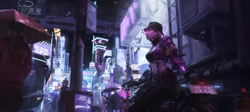 A sci-fi cyberpunk night street: neon-lit alley, holographic signs and ads, crowded stalls and a lone armored figure perched above the futuristic city.