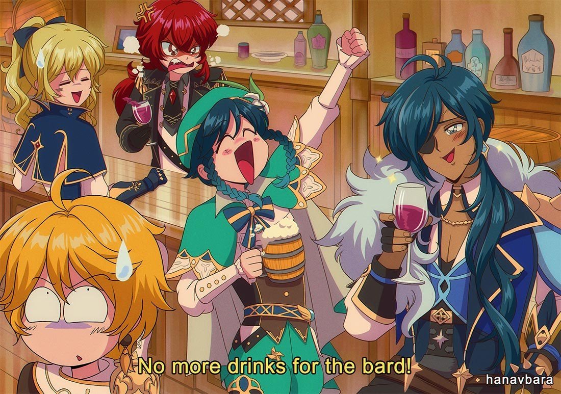 Genshin Impact scene: Venti singing loudly in a tavern as Diluc scowls, Kaeya sips wine, Jean facepalms and Aether looks mortified under the caption No more drinks for the bard!