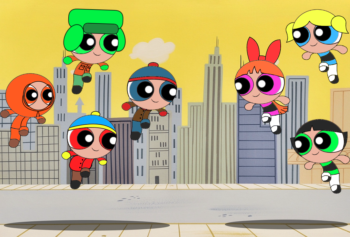 Download Kenny McCormick Eric Cartman Stan Marsh Kyle Broflovski Buttercup (Powerpuff Girls) Bubbles (Powerpuff Girls) Blossom (Powerpuff Girls) The Powerpuff Girls South Park TV Show Crossover Art