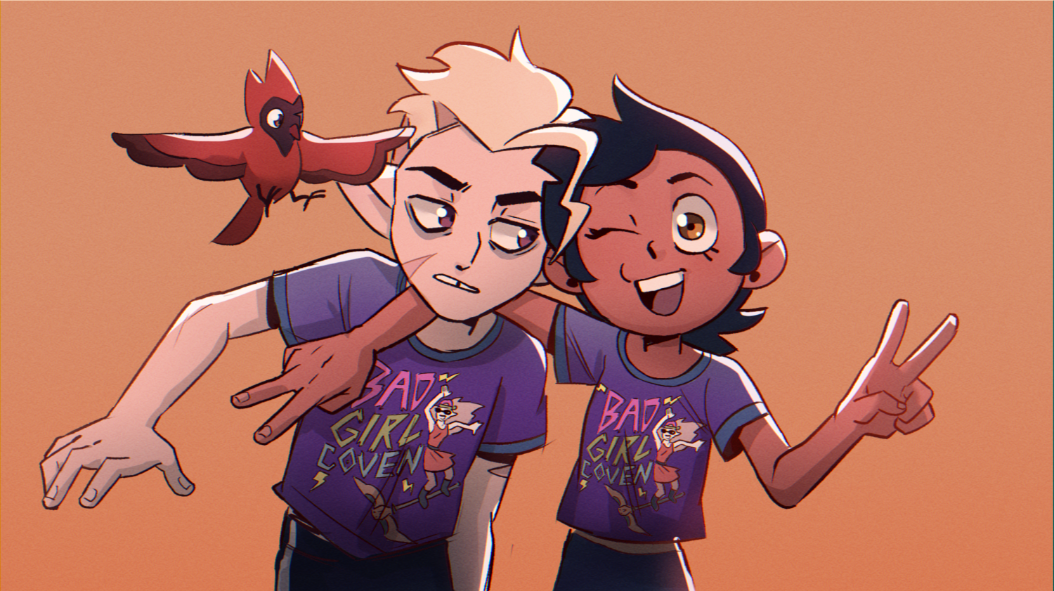 Luz Noceda and Hunter from The Owl House pose together — Luz winks and flashes a peace sign while the owl Flapjack perches on Hunter's shoulder.