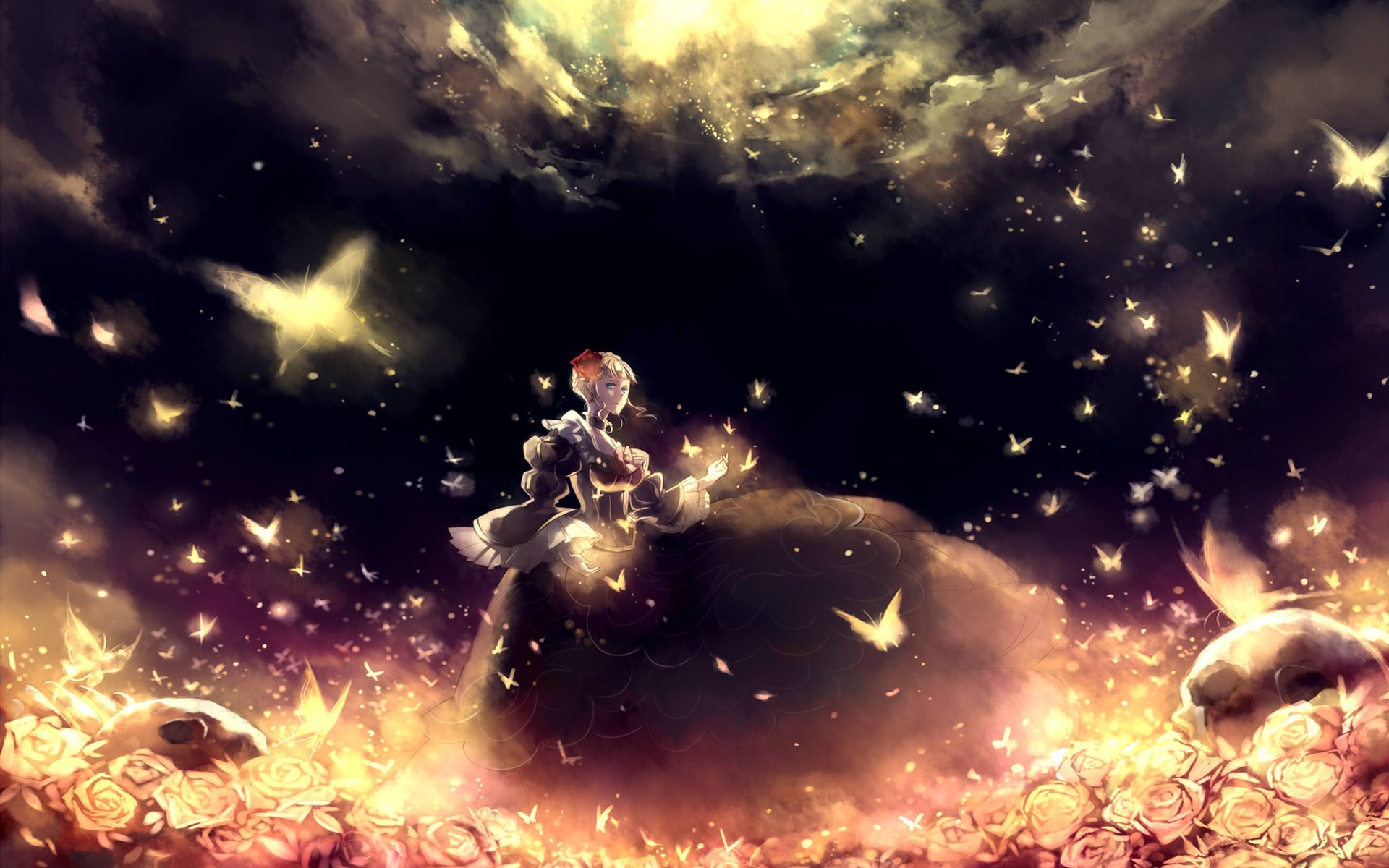 A magical scene from the anime Umineko: When They Cry, featuring a character surrounded by glowing butterflies and a fiery, mystical landscape under a starry sky.
