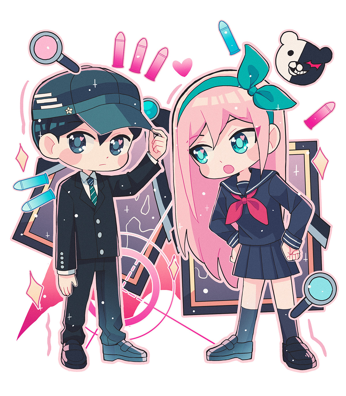 Download Monokuma (Danganronpa) Danganronpa OMORI Aubrey (Omori) Sunny (Omori) Video Game Crossover Art