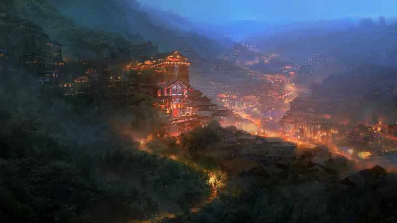 A glowing fantasy landscape at dusk, with illuminated buildings nestled in misty hills under a darkening blue sky.