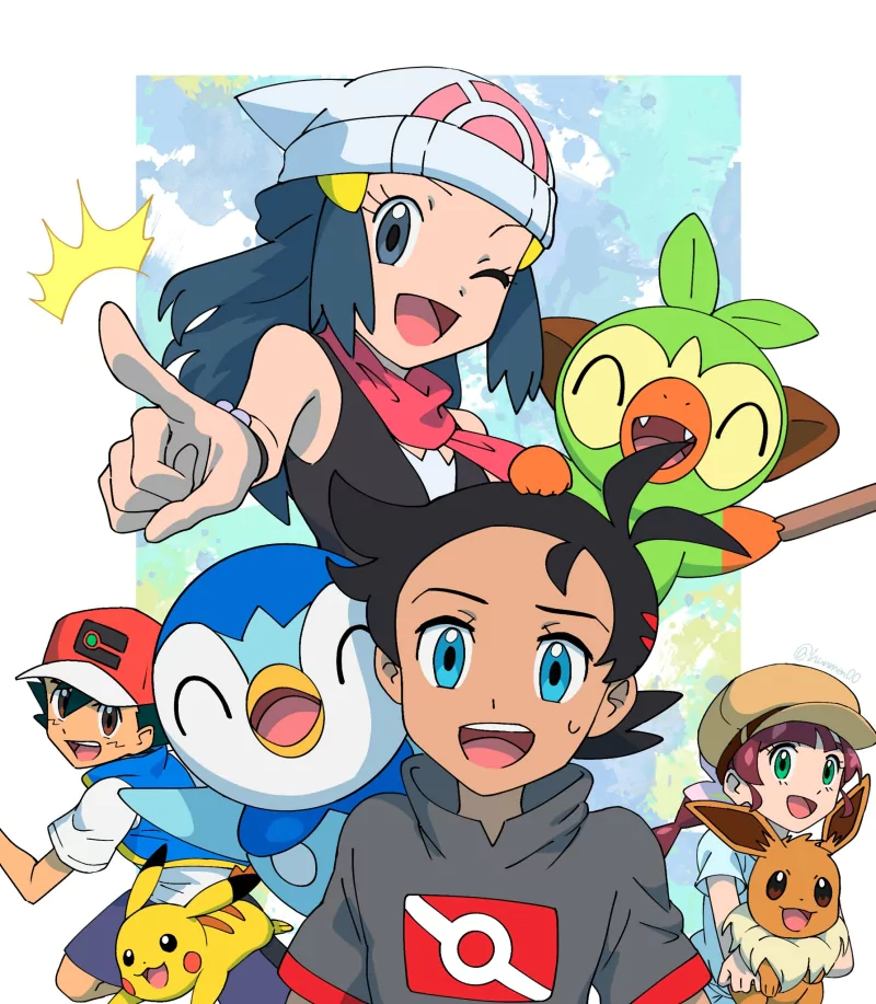 Grookey (Pokémon) Piplup (Pokémon) Pikachu Eevee (Pokémon) Chloe (Pokémon) Ash Ketchum Dawn (Pokémon) Goh (Pokémon) Anime Pokemon Image