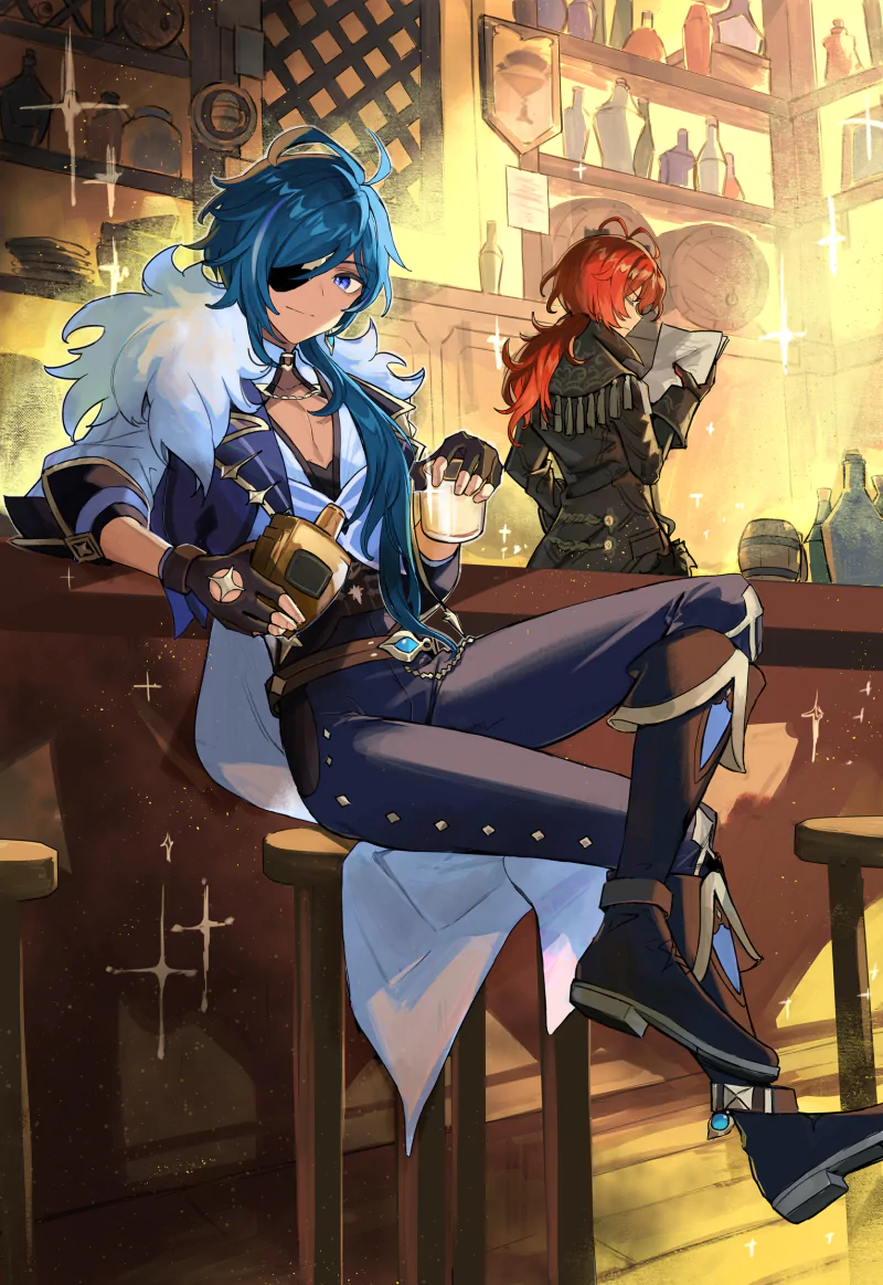 Kaeya with blue hair and an eye patch sits at a bar holding a drink, while Diluc with red hair stands in the background reading a book, both characters from the video game Genshin Impact.
