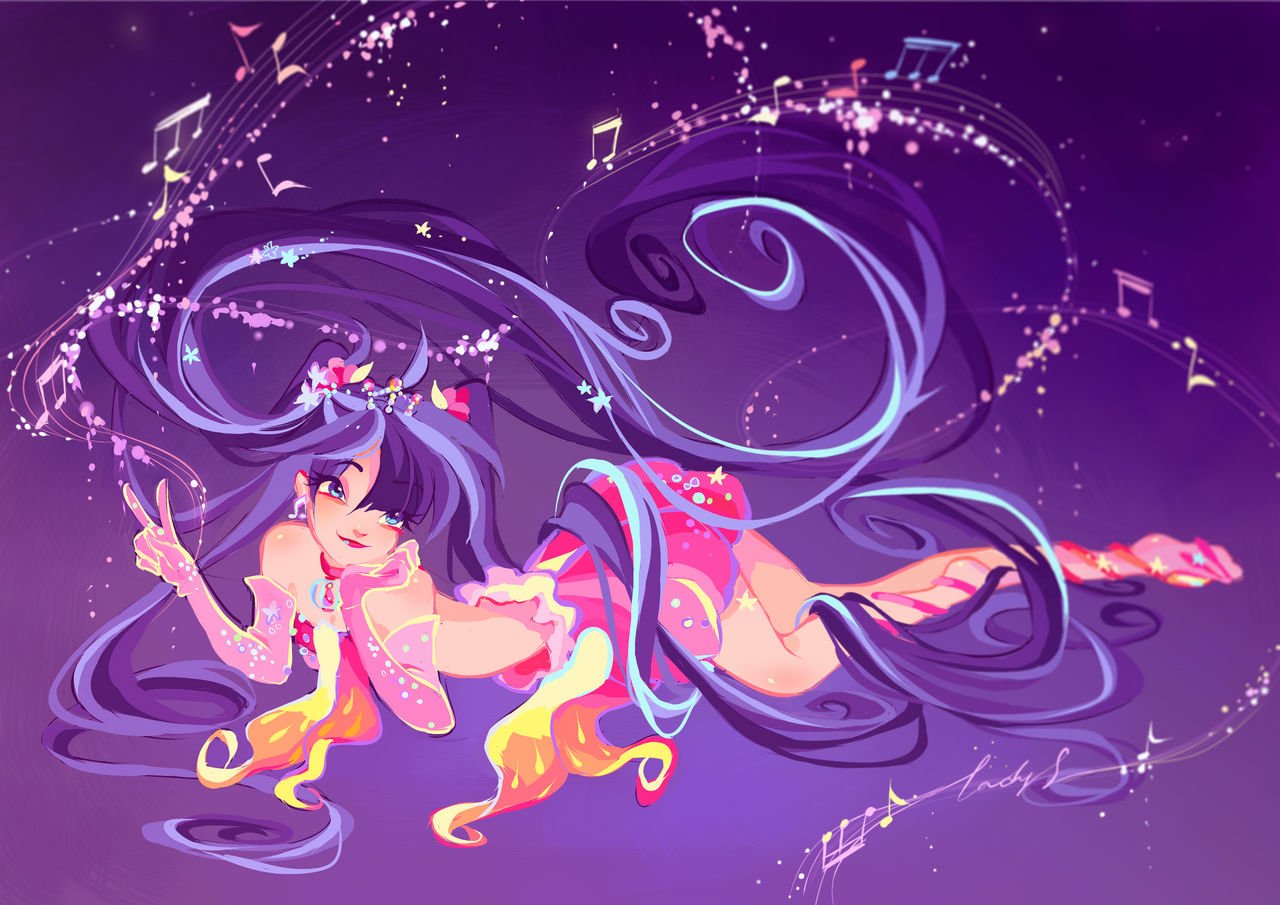Musa from Winx Club — a purple‑haired fairy floating on a starry violet background, musical notes swirling around her as she strikes a playful peace‑sign pose.