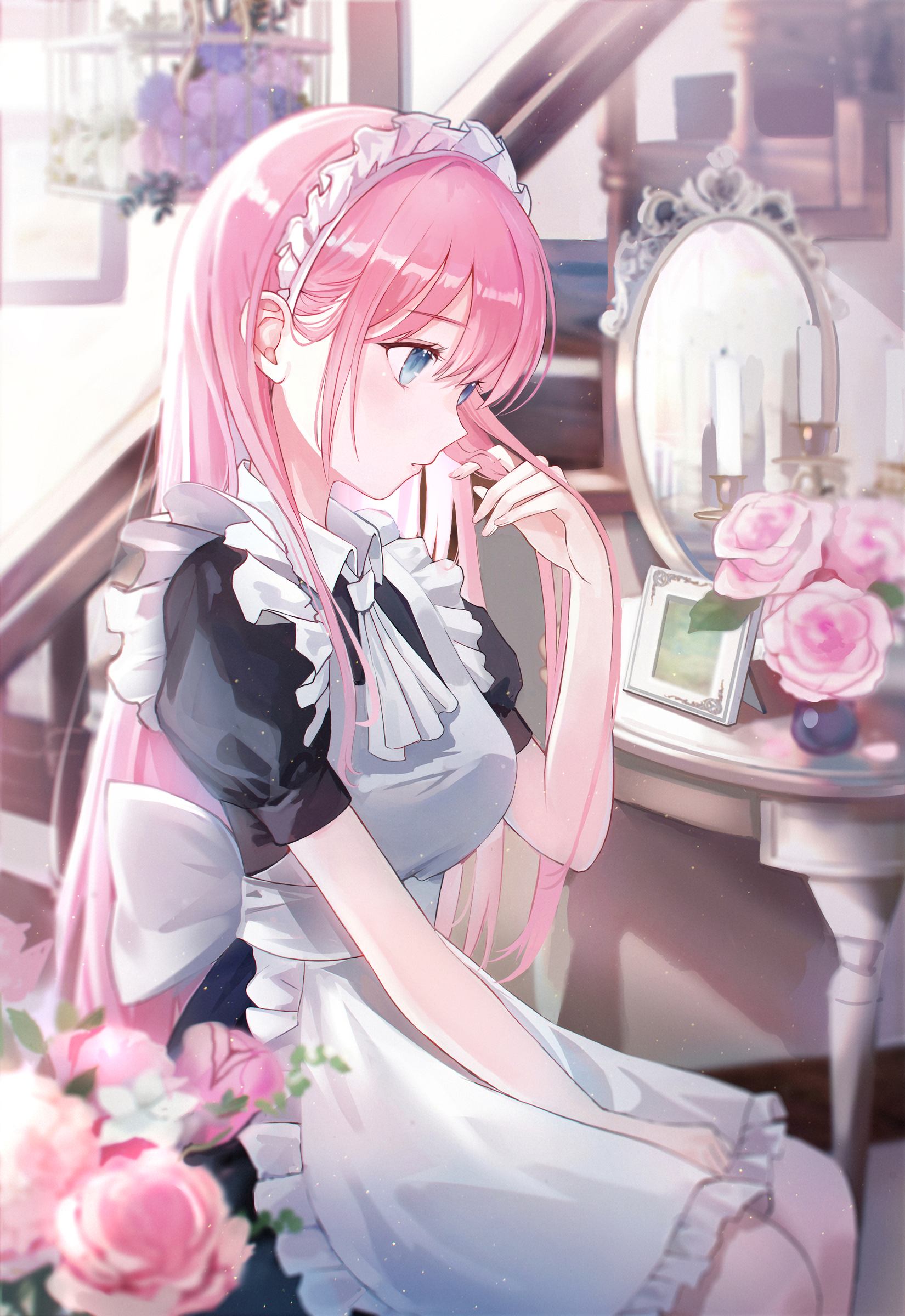 Anime girl with long pink hair in a frilly black-and-white maid outfit sits by a vanity mirror, fingers near her lips, surrounded by pink roses and soft sunlight.