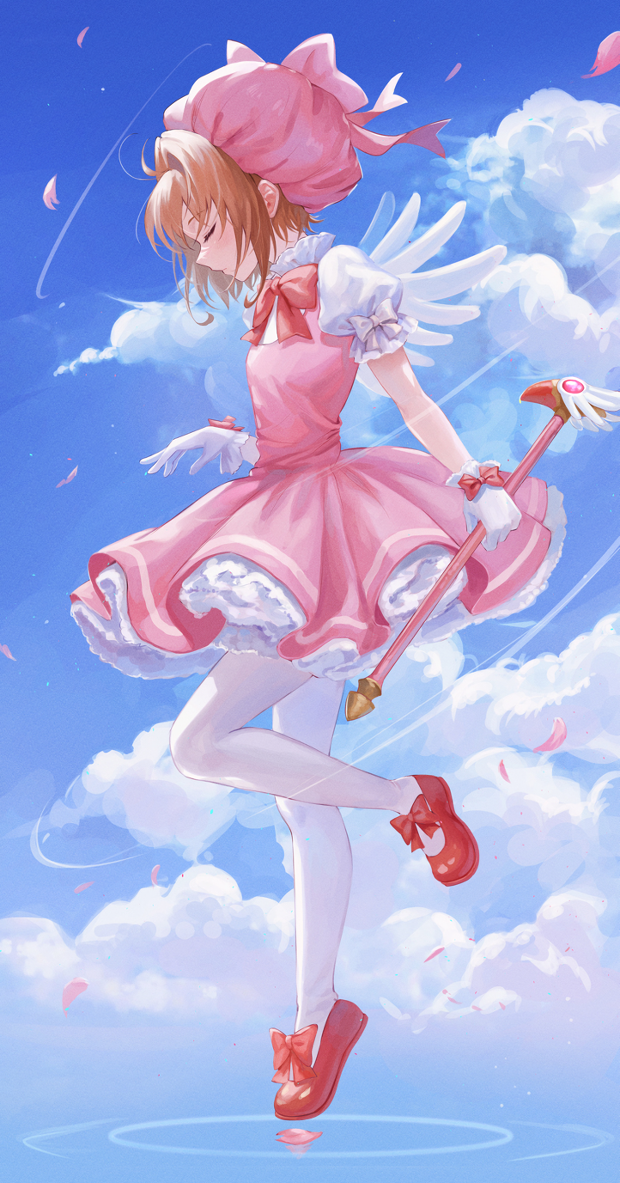 Sakura Kinomoto from Cardcaptor Sakura floats gracefully in a pink dress with wings, holding her magic staff against a bright blue sky with clouds and falling petals.