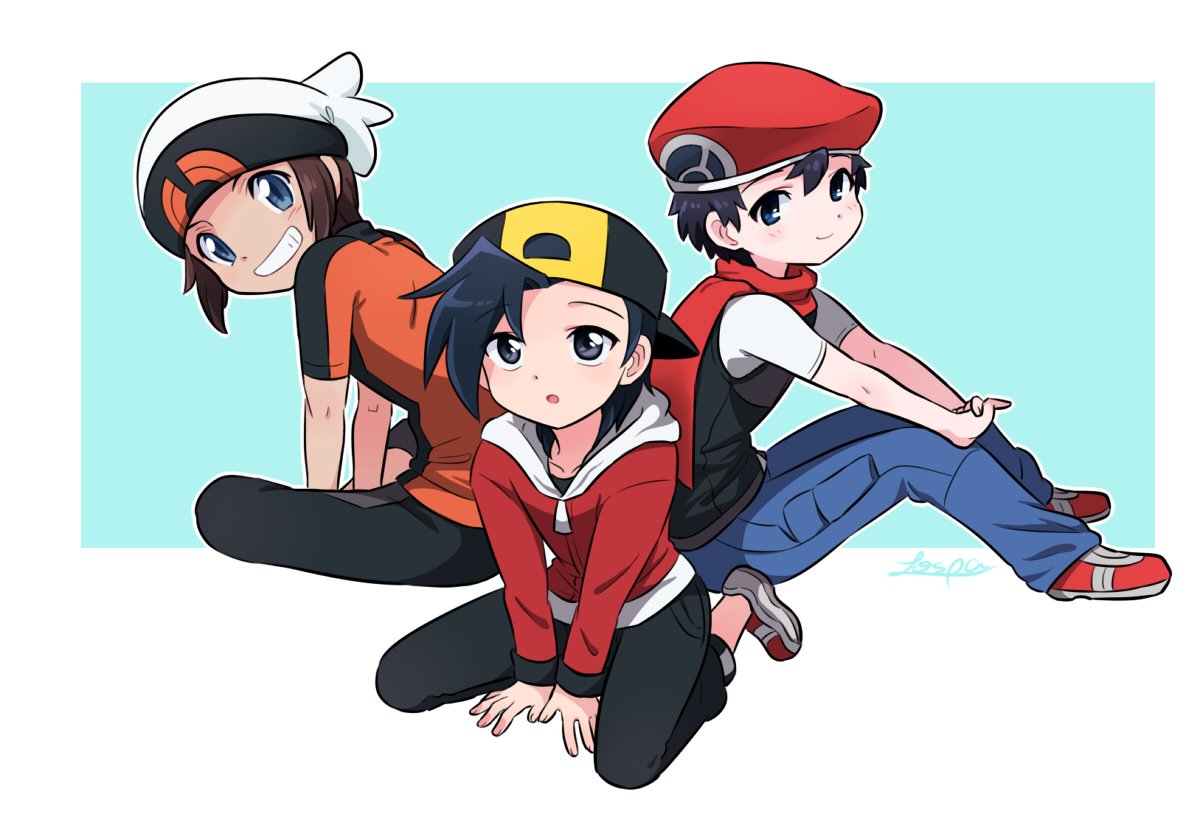 Lucas, Ethan, and Brendan from Pokémon sit together in stylized video game art, three young trainers wearing colorful caps and casual outfits against a pale blue backdrop.