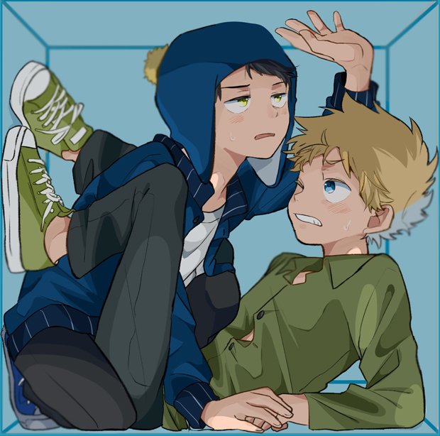 Craig Tucker and Tweek Tweak from the TV show South Park in a tight box: Craig leans over with a bored stare while a flustered, blushing Tweek lies back, eyes wide and hands raised.