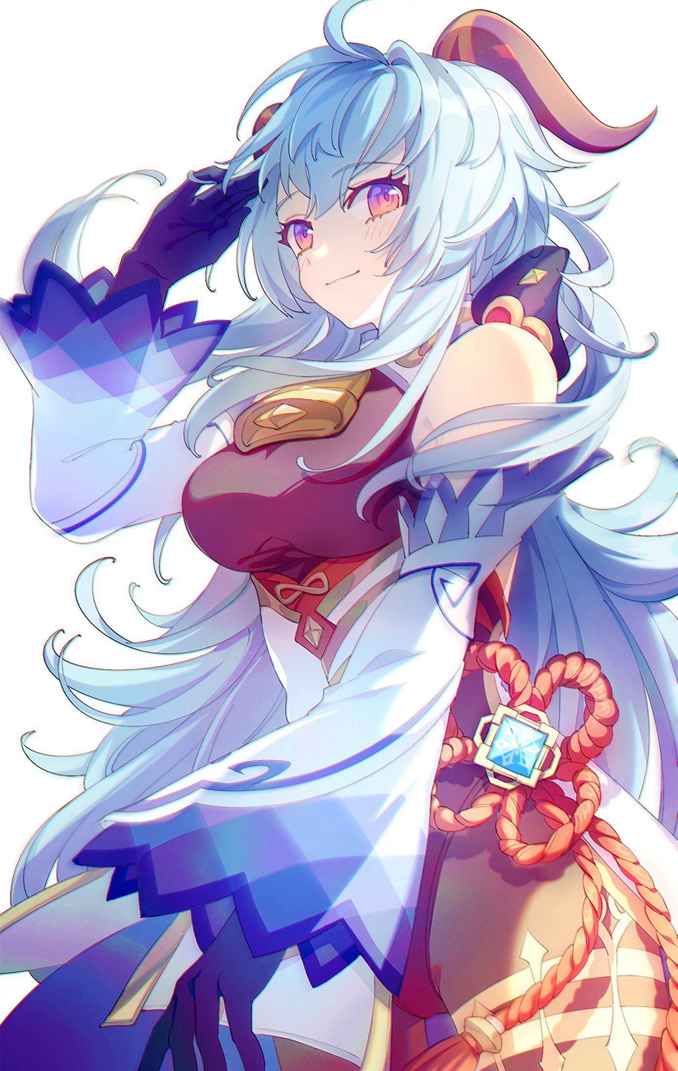 Ganyu from Genshin Impact — anime-style video game character with flowing aqua hair, curved horn, violet eyes and ornate Cryo-themed outfit with braided rope and gem accessory.
