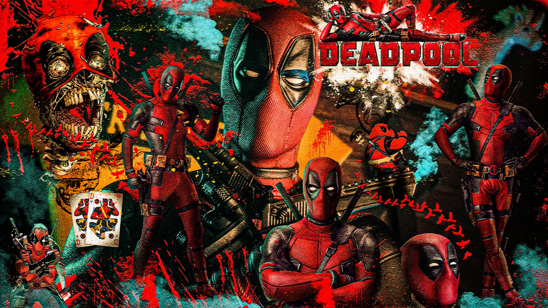 Comic collage of Deadpool: multiple masked poses and action shots amid red-black splatter, weapons, a skull, a playing card, and the Deadpool logo.