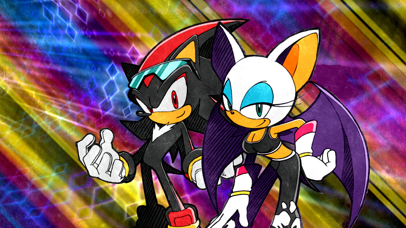 Shadow the Hedgehog and Rouge the Bat from the video game Sonic Riders pose back-to-back against a vibrant, neon-streaked background.