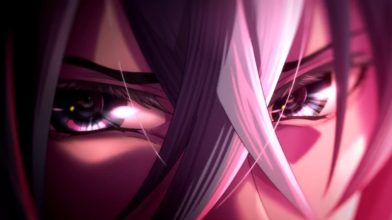 Close-up of intense eyes with glowing reflections from the anime Vivy: Fluorite Eye's Song, showcasing a dramatic and detailed art style.