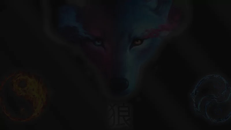 Dark fantasy yin-yang scene: a wolf's face emerging from shadow between a fiery and a watery yin-yang orb.