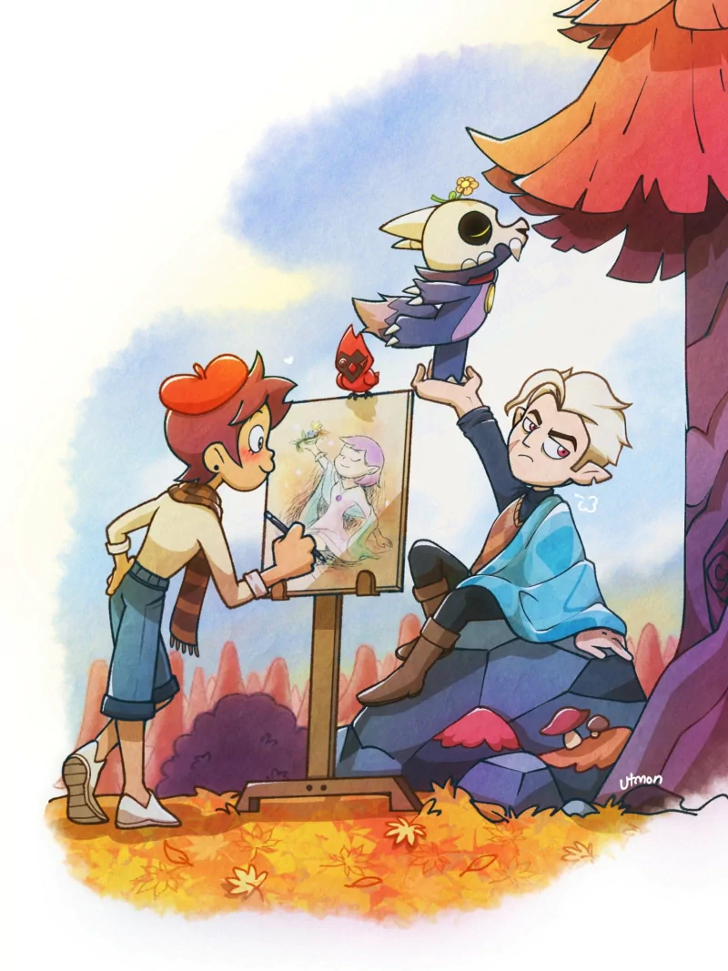 Luz Noceda paints Amity Blight on an easel under an autumn tree while Hunter balances King Clawthorne and the tiny Flapjack perches above — a scene from the TV show The Owl House.
