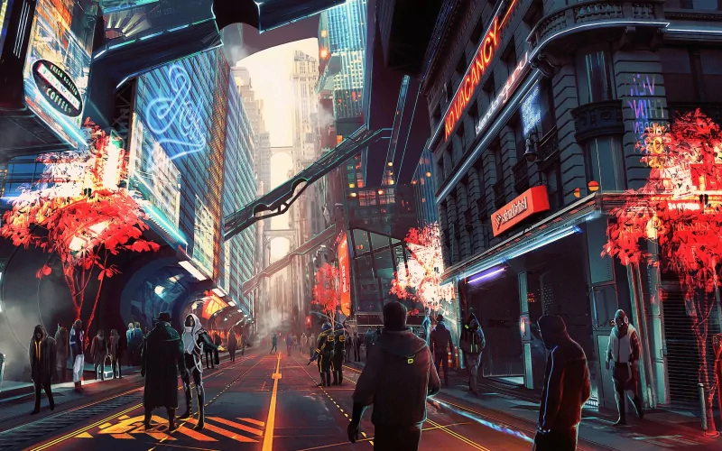 Neon-lit sci-fi city street lined with towering skyscrapers, holographic signs, elevated walkways and crowds beneath glowing red trees.