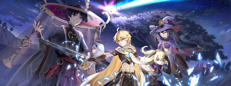 Mona (Genshin Impact) Fischl (Genshin Impact) Paimon (Genshin Impact) Scaramouche (Genshin Impact) Aether (Genshin Impact) video game Genshin Impact Image