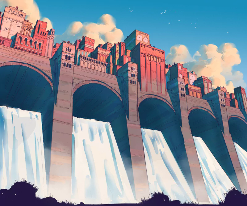 Fantasy city perched atop a monumental arched dam: red-brick towers and rooftops line the bridge as torrents cascade through the arches beneath a bright blue sky.