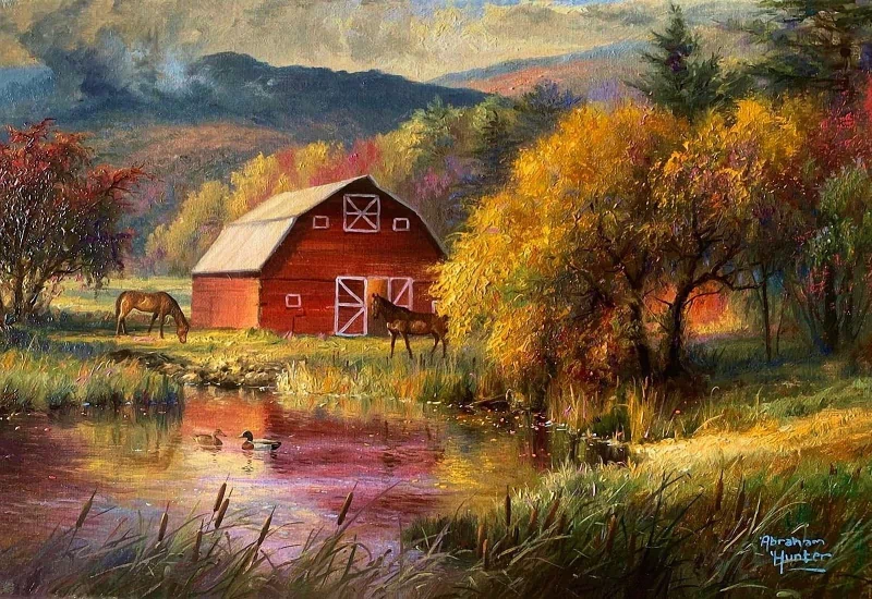 Artistic painting depicting a peaceful countryside scene with a red barn, grazing horses, autumn trees, and a reflective pond under a cloudy sky.