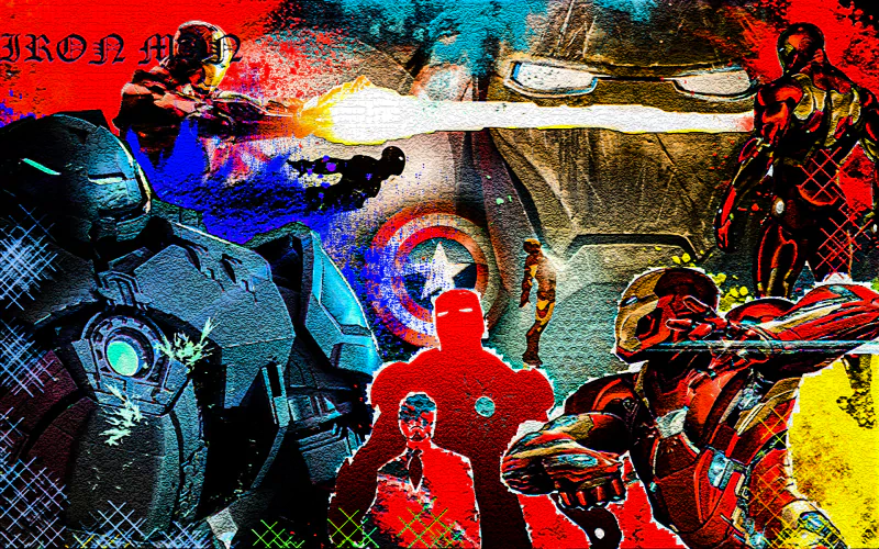 Comic-style collage of Tony Stark and multiple Iron Man suits in bold red and gold panels, energy arcs and a faint Captain America shield visible in the vibrant background.