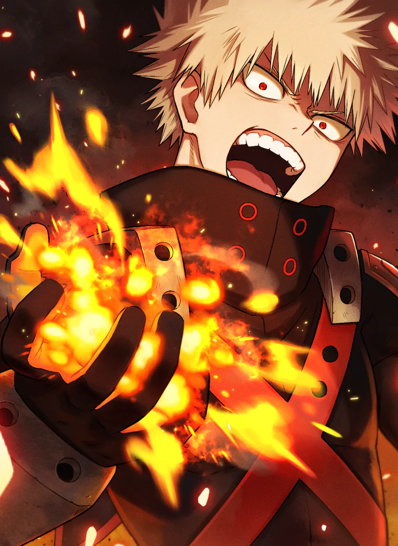 Katsuki Bakugou from My Hero Academia unleashing a fiery explosion with an intense expression in an action-packed anime scene.