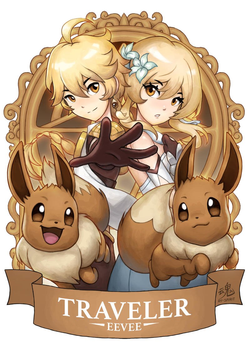 Download Genshin Impact Pokemon Eevee (Pokémon) Lumine (Genshin Impact) Aether (Genshin Impact) Video Game Crossover Art