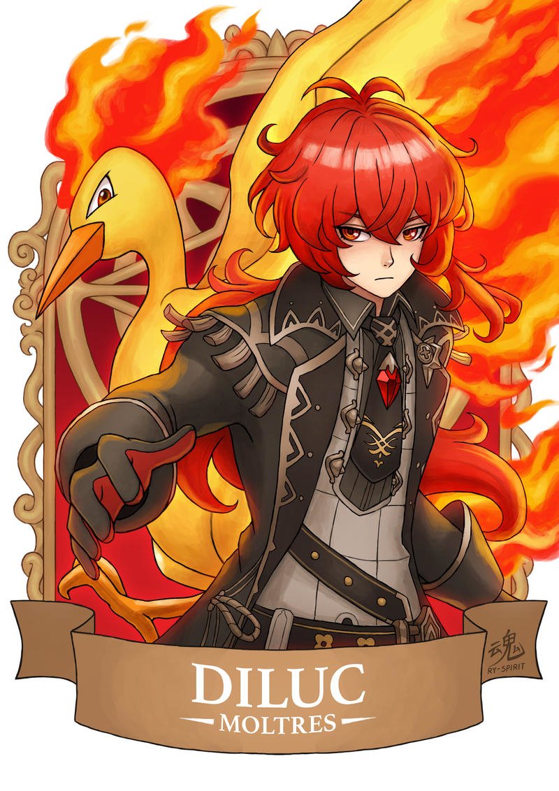 Download Genshin Impact Pokemon Moltres (Pokémon) Diluc (Genshin Impact) Video Game Crossover Art