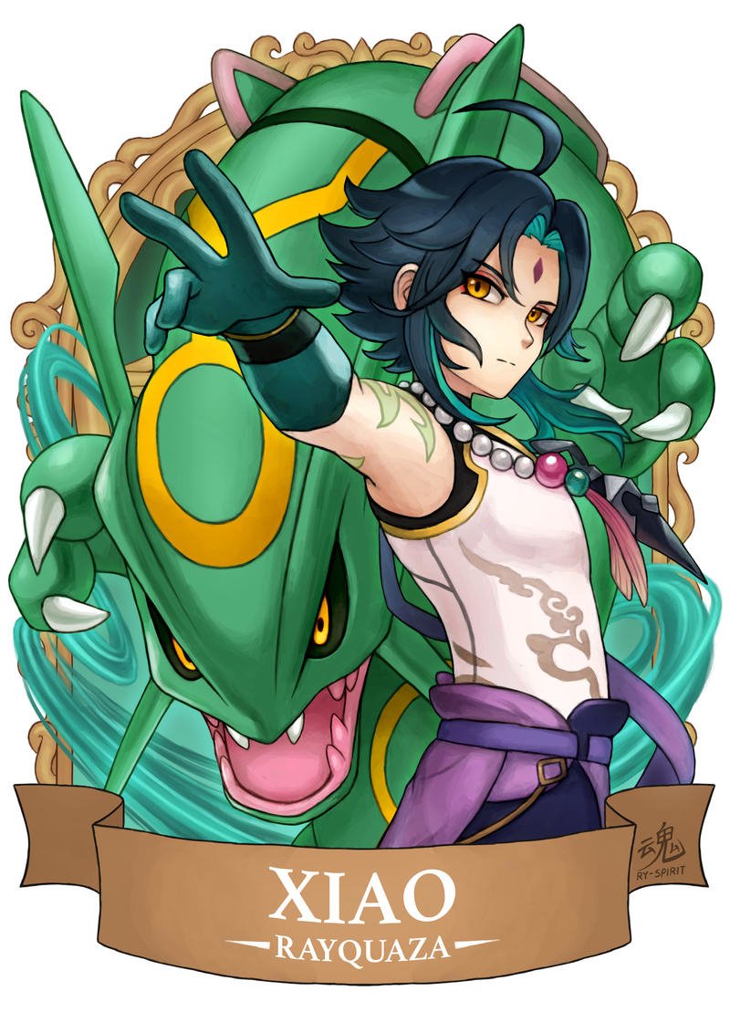 Download Genshin Impact Pokemon Rayquaza (Pokémon) Xiao (Genshin Impact) Video Game Crossover Art